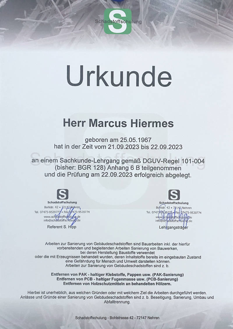PAK-Sanierung: Urkunde zur PAK- und PCB-Sanierung