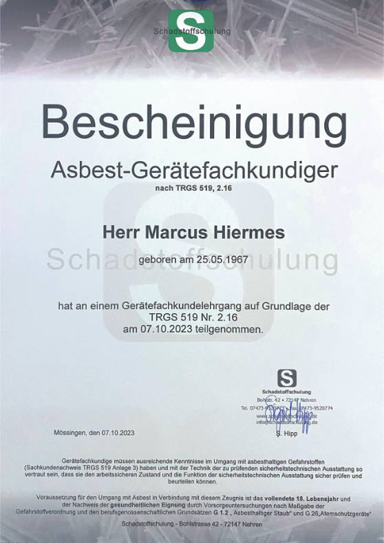 Asbestsanierung: Bescheinigung Asbest-Gerätefachkundiger